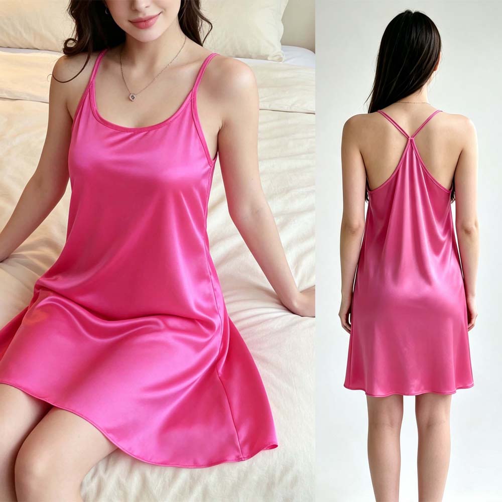 Spaghetti Strap Dress - Różowa seksowna damska sukienka domowa na